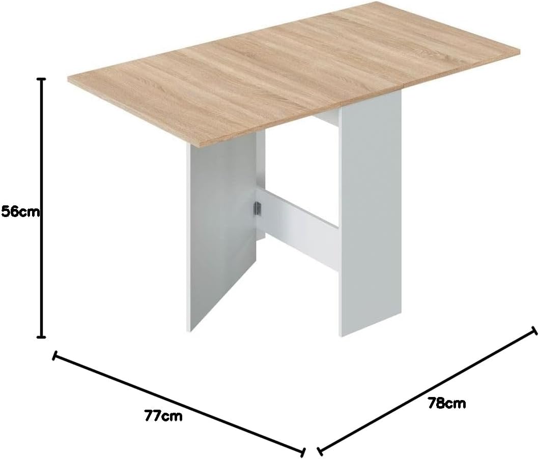 Mesa Auxiliar con Alas Abatibles, Mesa Cocina, Color Blanco Artik y Roble Canadian, Modelo Fly