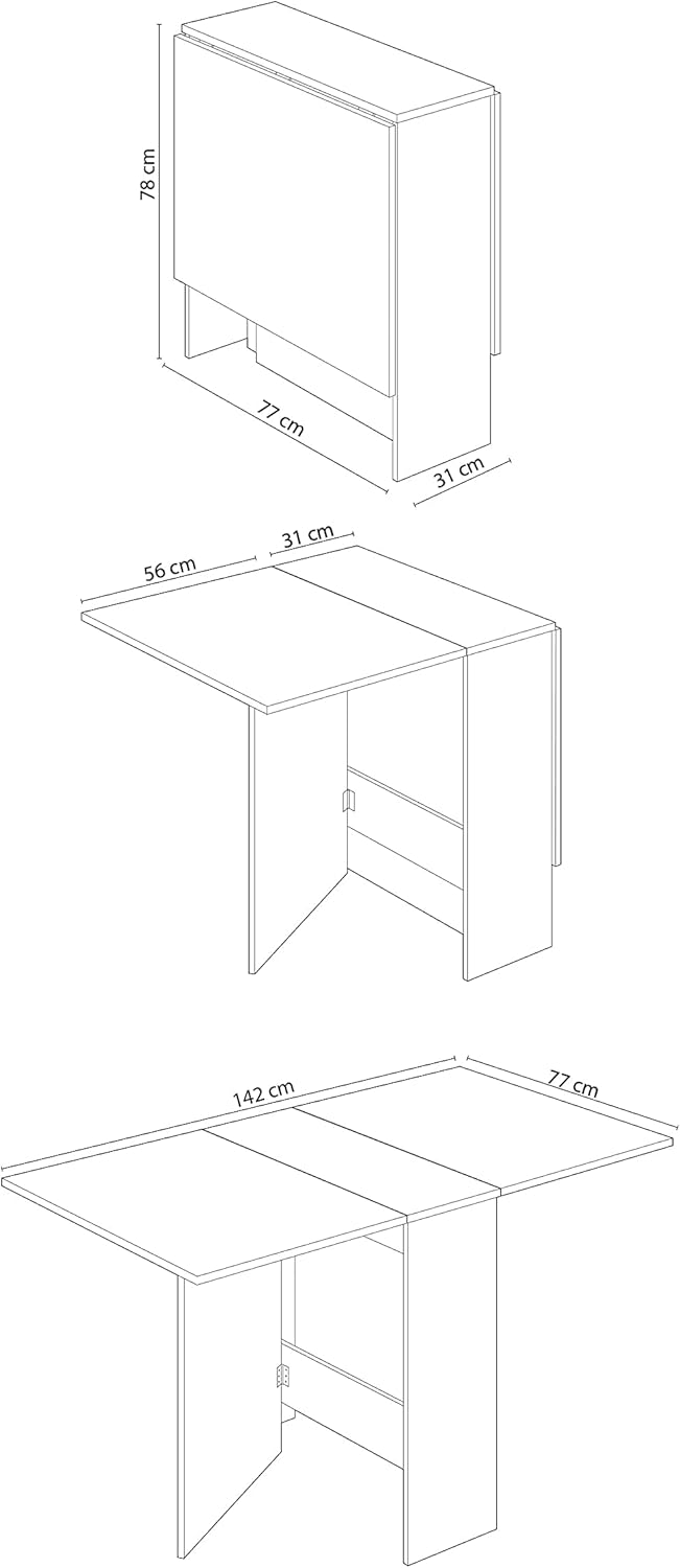 Mesa Auxiliar con Alas Abatibles, Mesa Cocina, Color Blanco Artik y Roble Canadian, Modelo Fly