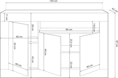 Aparador 3 Puertas, Buffet para Salon, Armario Auxiliar, Modelo NOVA, Acabado en Color Blanco y Roble