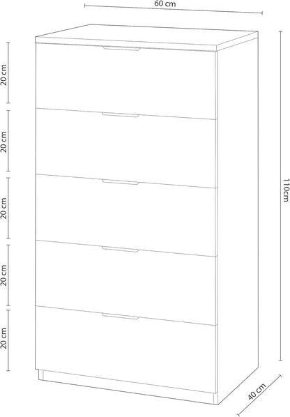 Comoda 5 Cajones, Sinfonier, Modelo Alaya, Acabado en Color Blanco Artik
