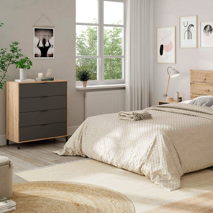 Colección de Dormitorio Enzo, Cabecero + Mesitas + Cómoda, Roble Nodi y Gris Antracita