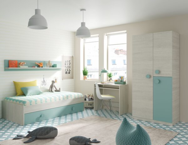 Conjunto muebles habitación juvenil gris verde aqua