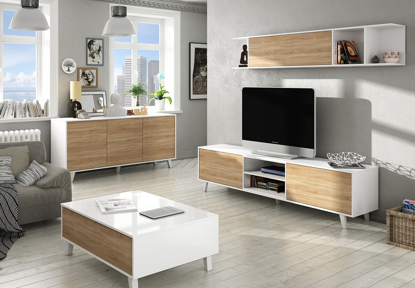 Mueble de salón, Comedor, Módulo TV + Estante, Modelo Zaiken Plus, Color Blanco Brillo y Roble Canadian